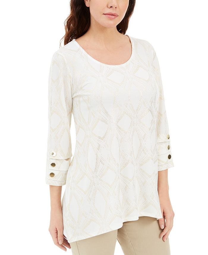 JM Collection Blusa feminina com estampa metálica e botões, marrom, tamanho X-S