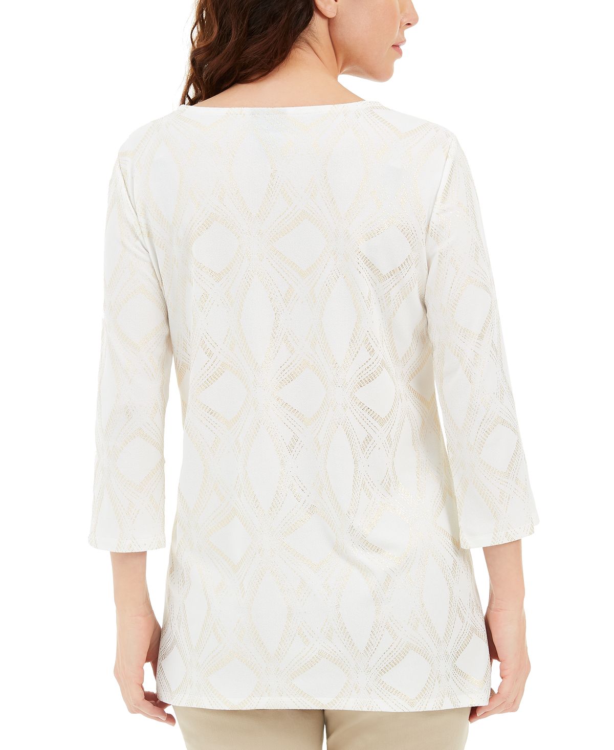 JM Collection Blusa feminina com estampa metálica e botões, marrom, tamanho X-S