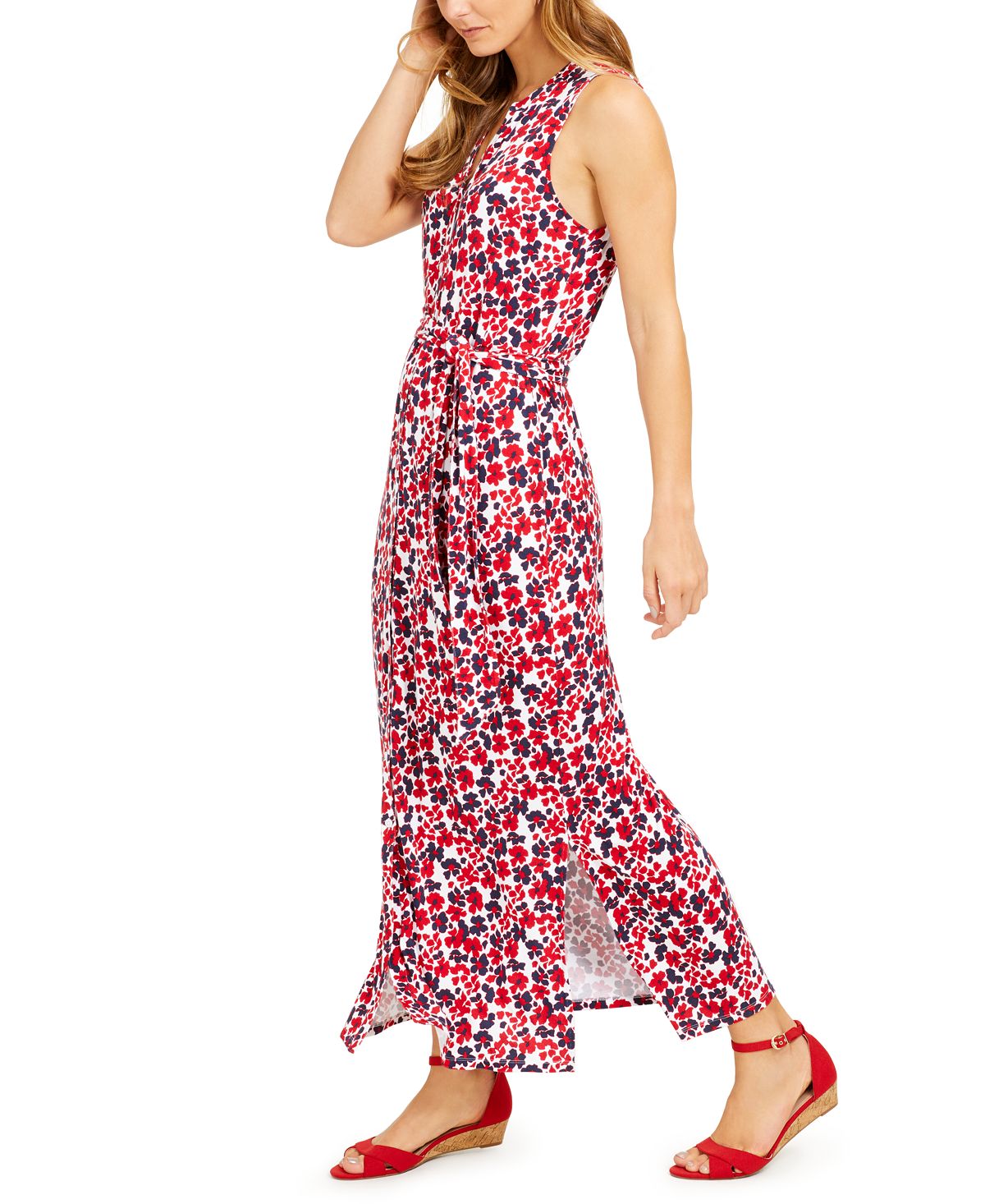 Vestido longo feminino Charter Club com amarração na cintura, tamanho XX-G, vermelho
