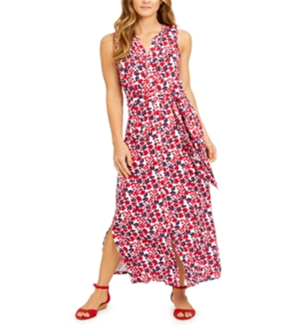 Vestido longo feminino Charter Club com amarração na cintura, tamanho XX-G, vermelho