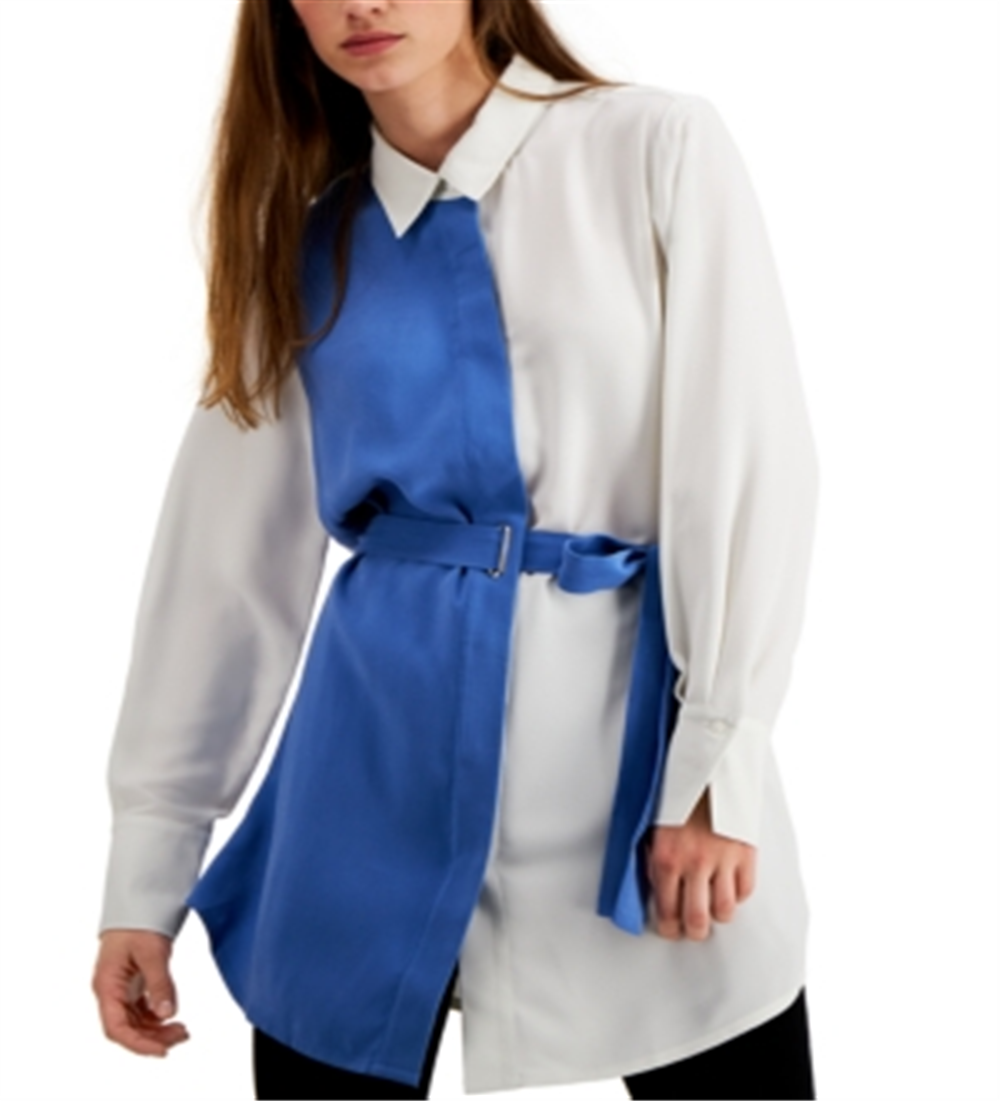 Blusa feminina Alfani de manga comprida com botões, azul, tamanho grande