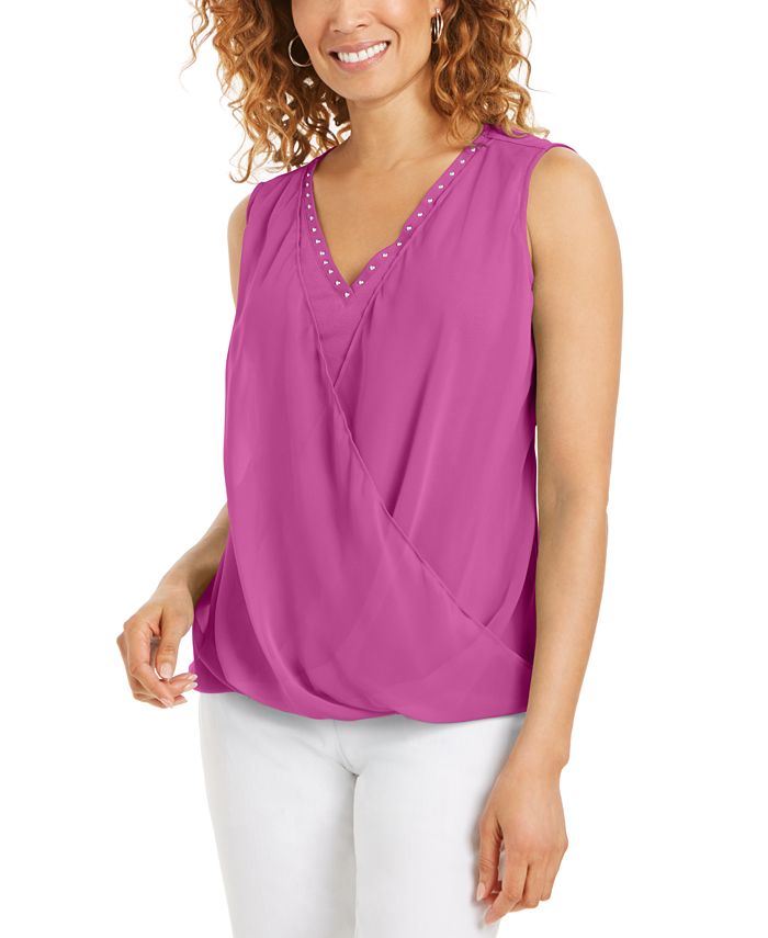 JM Collection Top drapeado sem mangas com tachas feminino rosa tamanho extragrande