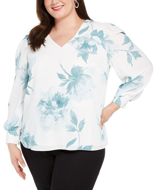 Blusa feminina Alfani floral de manga comprida com decote em V, branca, tamanho 3X
