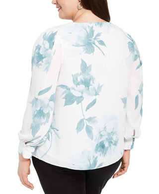 Blusa feminina Alfani floral de manga comprida com decote em V, branca, tamanho 3X