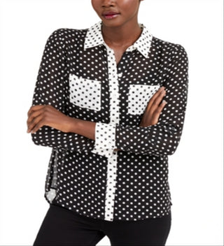 INC International Concepts Women's Sheer Polka Dot Long Sleeve Collared Button up Top Black Size X-Small