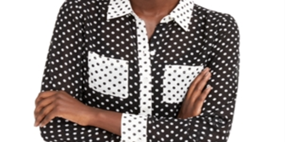 INC International Concepts Blusa feminina transparente de bolinhas, manga comprida, gola alta, botões, preta, tamanho X-S