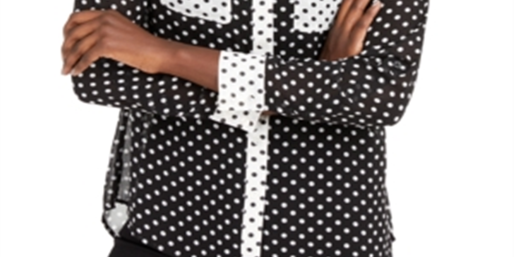 INC International Concepts Blusa feminina transparente de bolinhas, manga comprida, gola alta, botões, preta, tamanho X-S