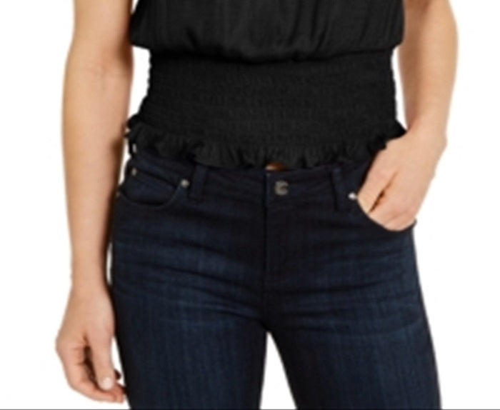 Blusa feminina de malha com mangas esvoaçantes e bainha estilo bata INC International Concepts, preta, tamanho pequeno