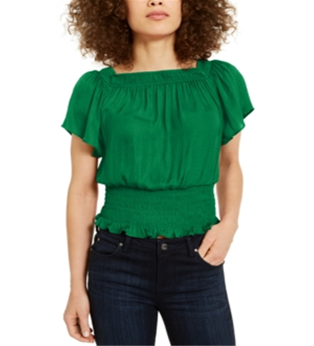 Blusa feminina com decote canoa e manga curta franzida da INC International Concepts, verde, tamanho médio