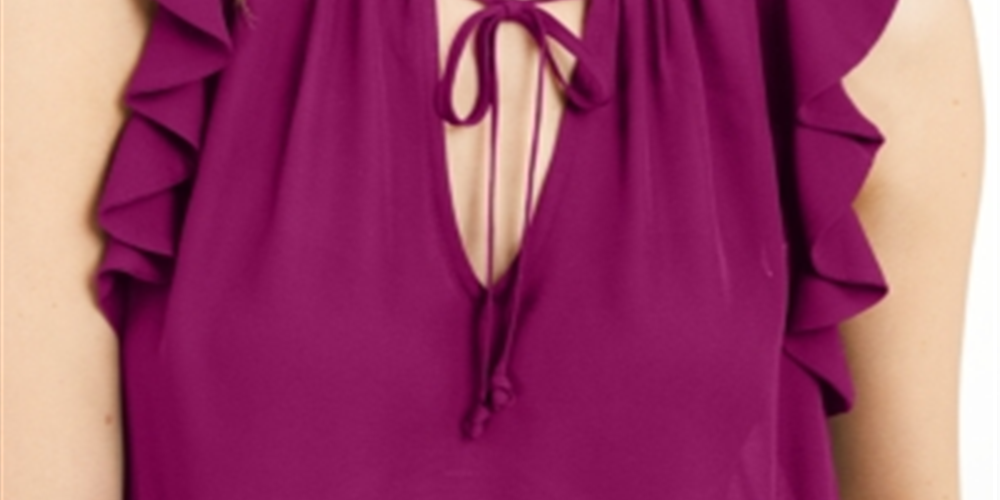 INC International Concepts Top feminino com babados e amarração frontal, manga curta, gola V, roxo, tamanho médio