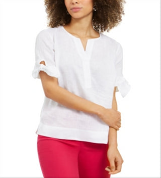 Charter Club Women's Linen Split Neck Tie Cuff Top White Size Small