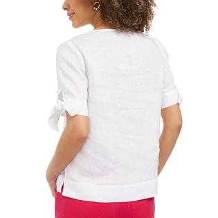 Charter Club Top Feminino de Linho com Decote Dividido e Punhos Amarrados, Branco, Tamanho Pequeno