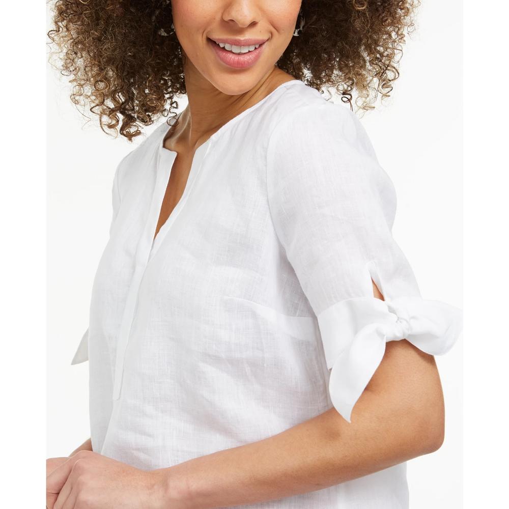 Charter Club Top Feminino de Linho com Decote Dividido e Punhos Amarrados, Branco, Tamanho Pequeno