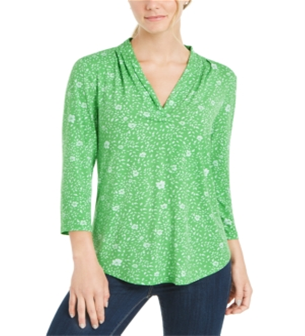 Charter Club Blusa feminina com estampa floral, plissada, decote em V, manga 3/4, verde, tamanho pequeno