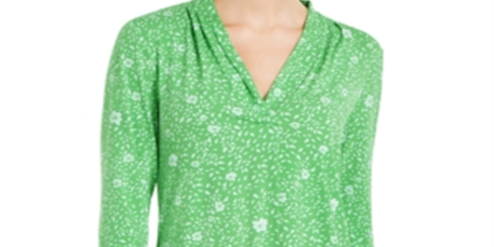 Charter Club Blusa feminina com estampa floral, plissada, decote em V, manga 3/4, verde, tamanho pequeno