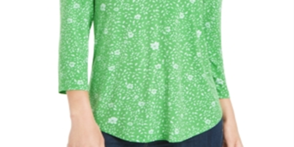 Charter Club Blusa feminina com estampa floral, plissada, decote em V, manga 3/4, verde, tamanho pequeno
