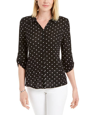 Camisa feminina Charter Club com estampa de bolinhas e botões, preta, tamanho XX-G