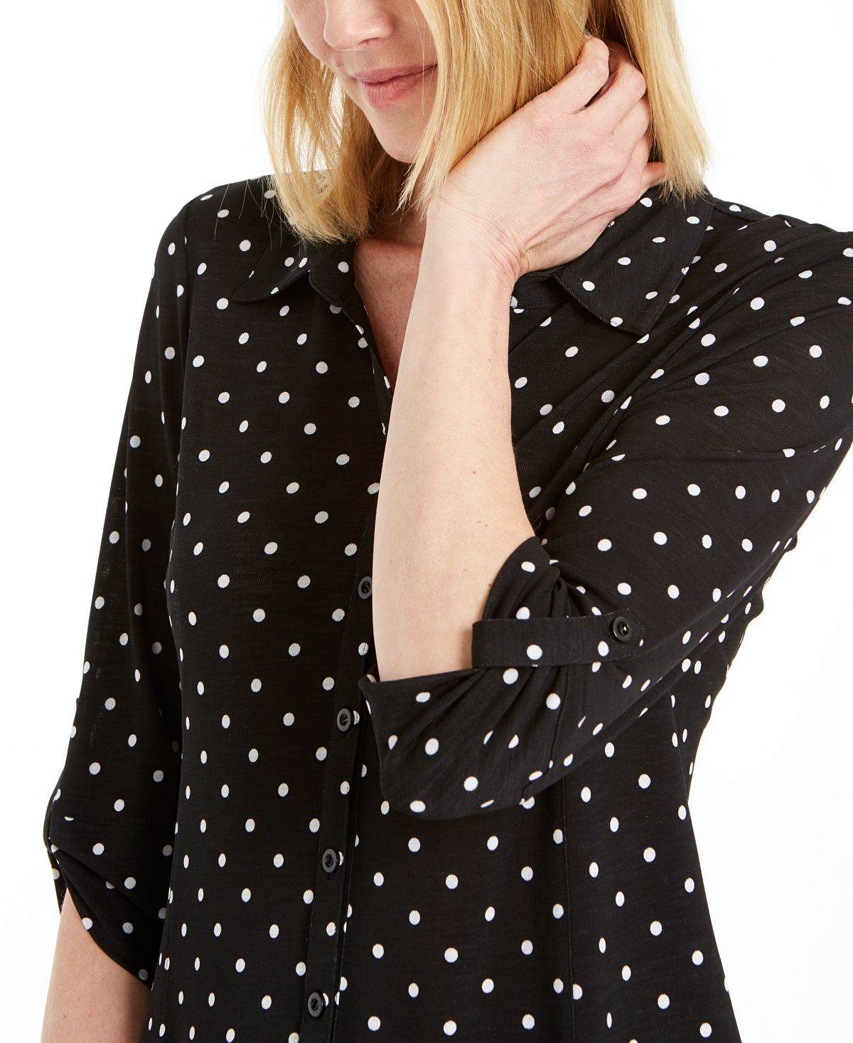 Camisa feminina Charter Club com estampa de bolinhas e botões, preta, tamanho XX-G