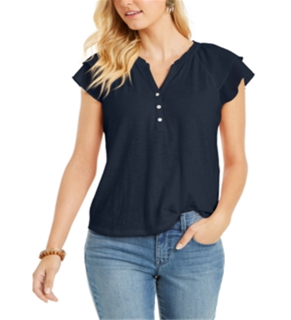Blusa feminina com babados e decote dividido, azul, tamanho P