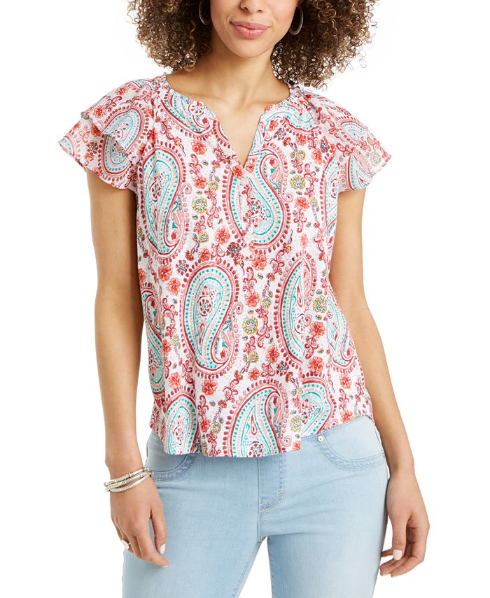 Blusa feminina estampada com decote aberto e manga curta, tamanho pequeno, estilo &amp; co