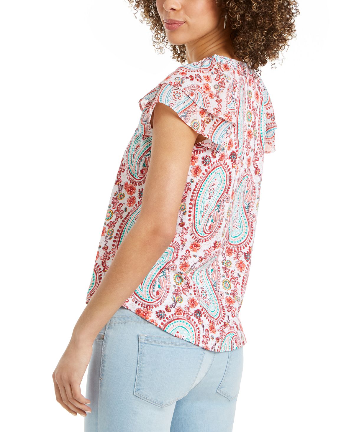 Blusa feminina estampada com decote aberto e manga curta, tamanho pequeno, estilo &amp; co