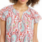 Blusa feminina estampada com decote aberto e manga curta, tamanho pequeno, estilo &amp; co