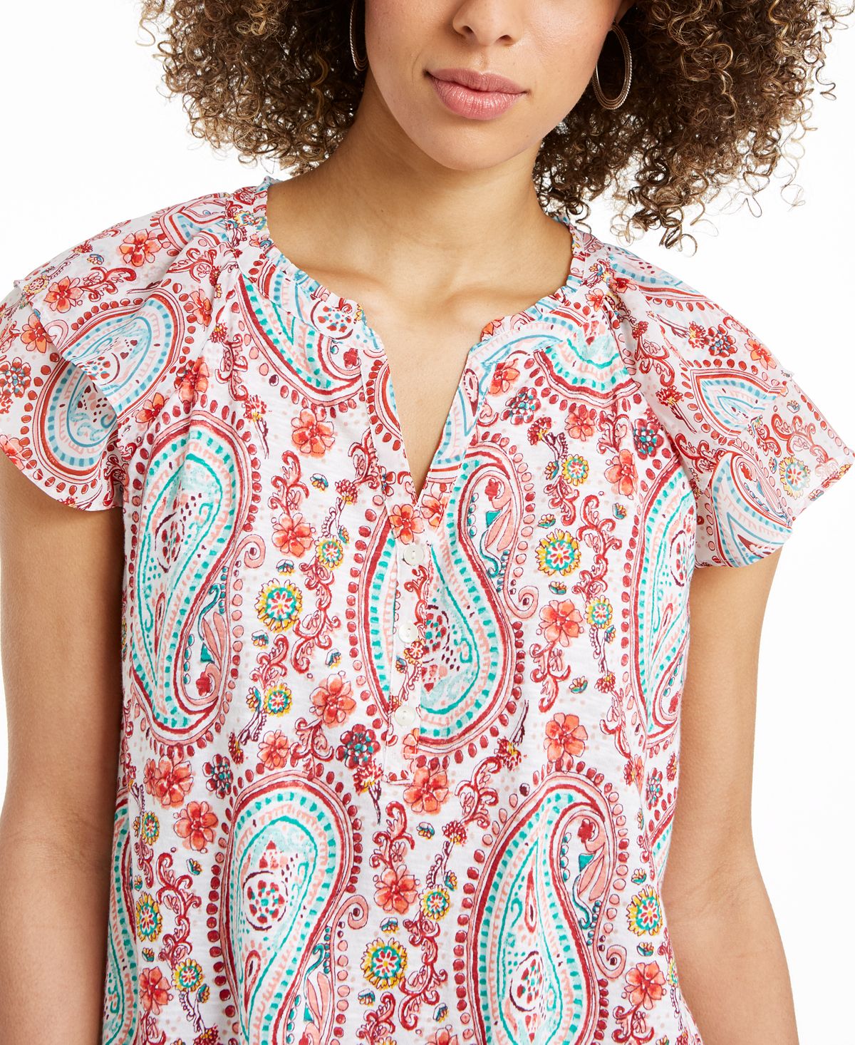 Blusa feminina estampada com decote aberto e manga curta, tamanho pequeno, estilo &amp; co