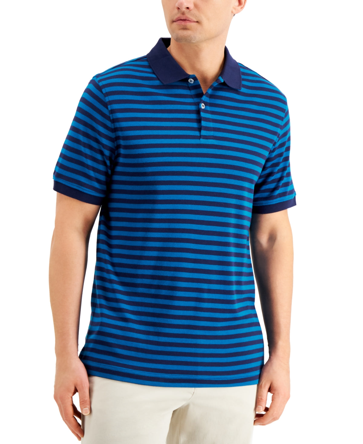 Camiseta polo elástica listrada com intertravamento e ajuste clássico masculina Club Room, azul, tamanho pequeno