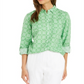 Charter Club Blusa feminina estampada com botões frontais e mangas bufantes, tamanho pequeno, verde, extrapequeno