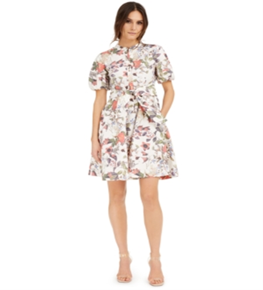 Vestido curto feminino floral de manga curta e gola redonda, tamanho grande, branco, da INC International Concepts