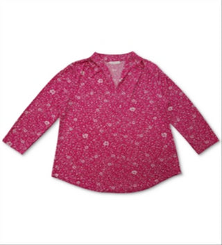 Charter Club Women's Floral Print Pleated V Neck Top Pink Size X-Small