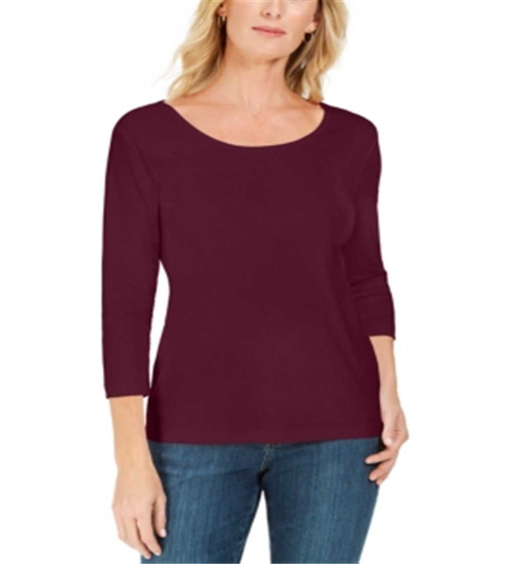 Karen Scott Blusa feminina de algodão com manga 3/4, vinho, tamanho extragrande