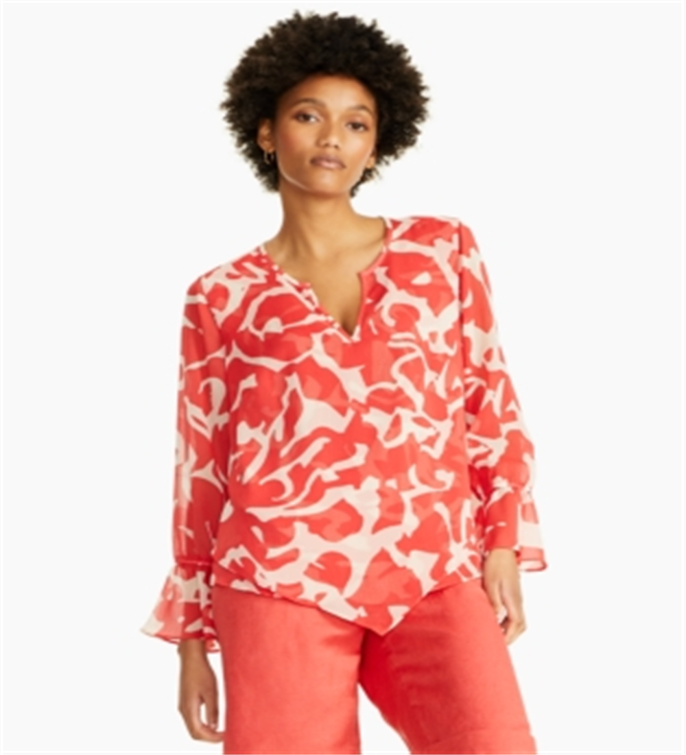 Blusa túnica feminina Alfani com estampa transparente e manga comprida, decote em V, vermelha, tamanho X-S