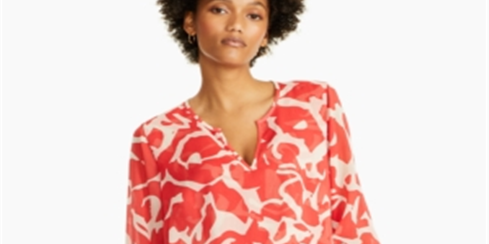 Blusa túnica feminina Alfani com estampa transparente e manga comprida, decote em V, vermelha, tamanho X-S