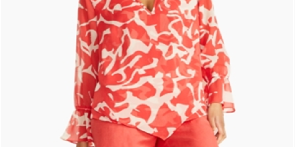 Blusa túnica feminina Alfani com estampa transparente e manga comprida, decote em V, vermelha, tamanho X-S