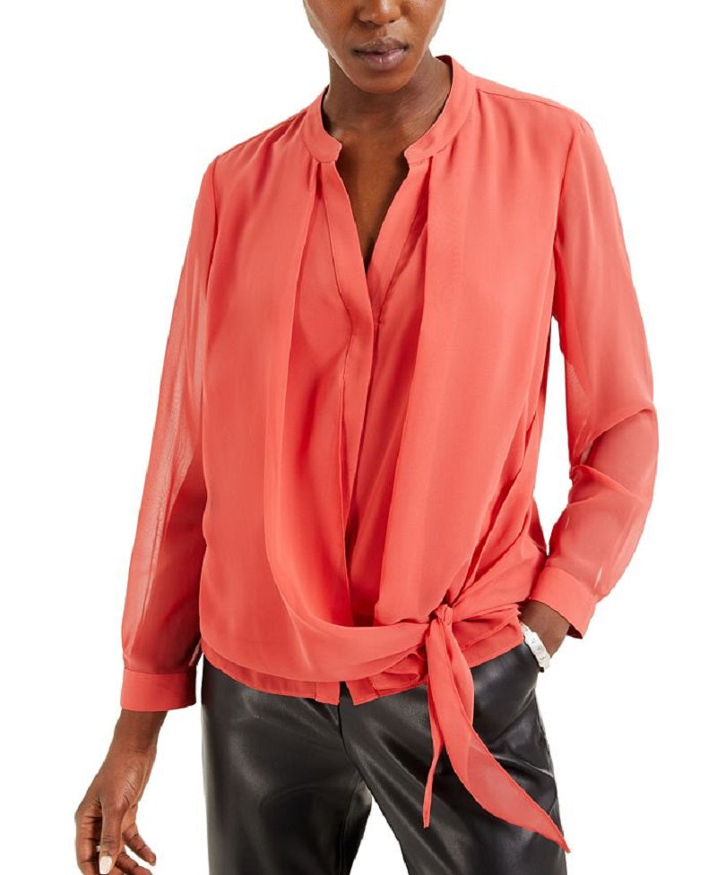 Blusa Alfani Feminina Coral Amarrada na Frente Manga Longa com Botões Vermelha Tamanho Médio