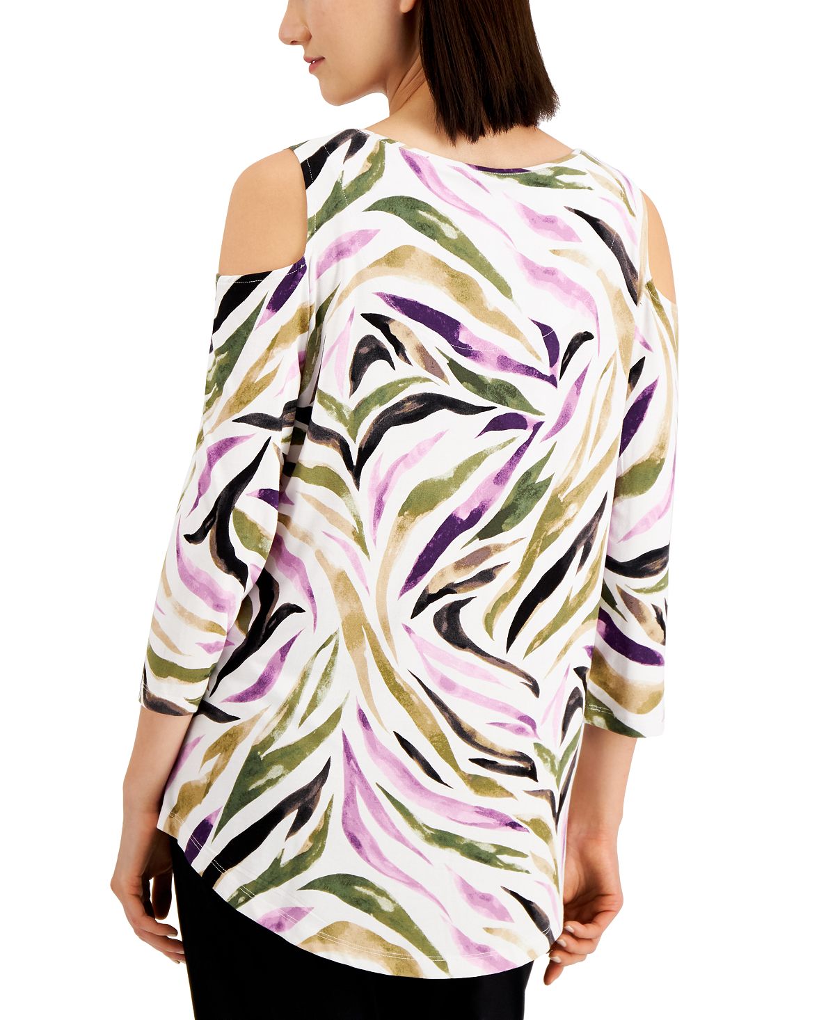 Blusa feminina com estampa de zebra e ombros descobertos, roxa, tamanho médio, da coleção JM