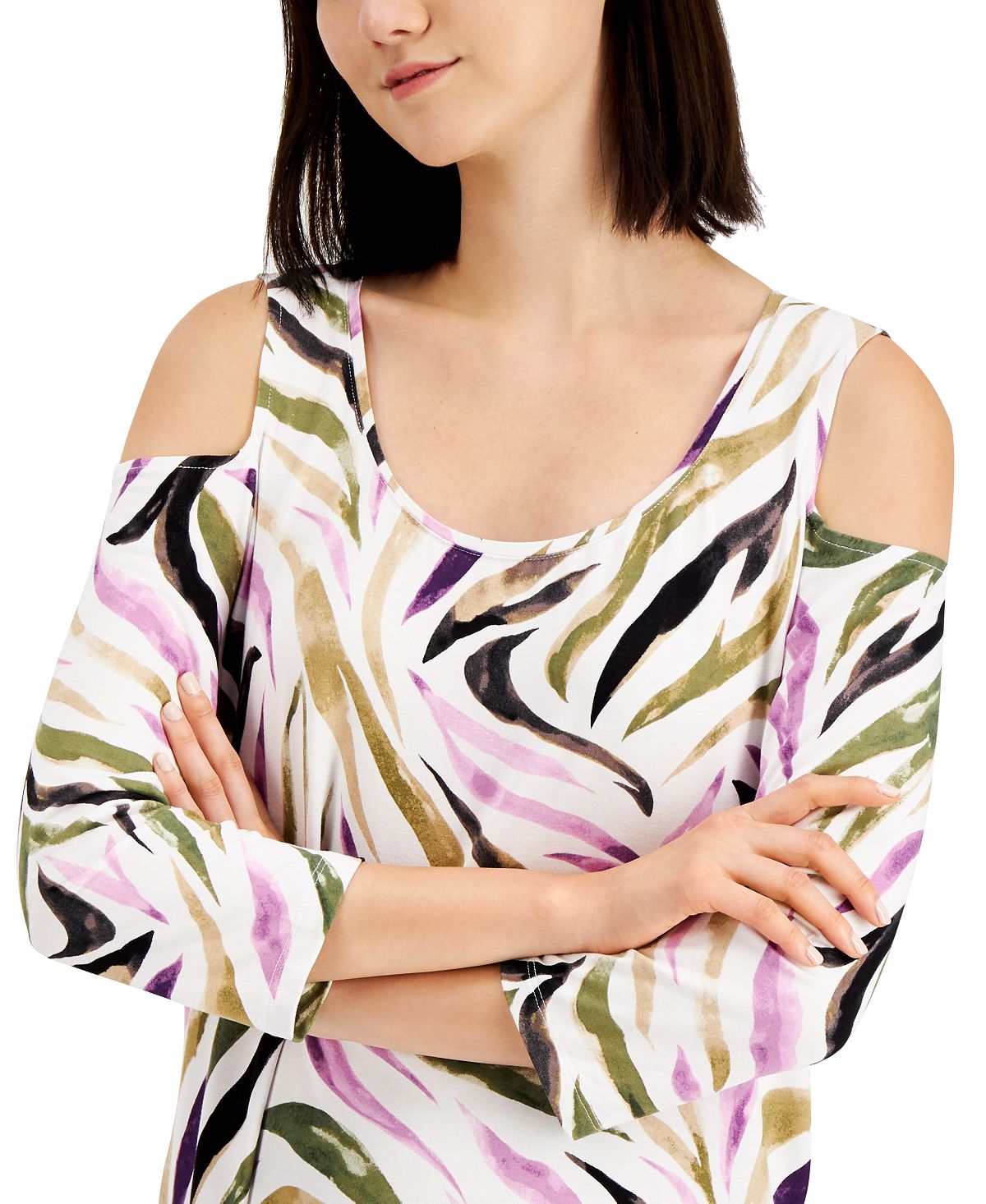 Blusa feminina com estampa de zebra e ombros descobertos, roxa, tamanho médio, da coleção JM