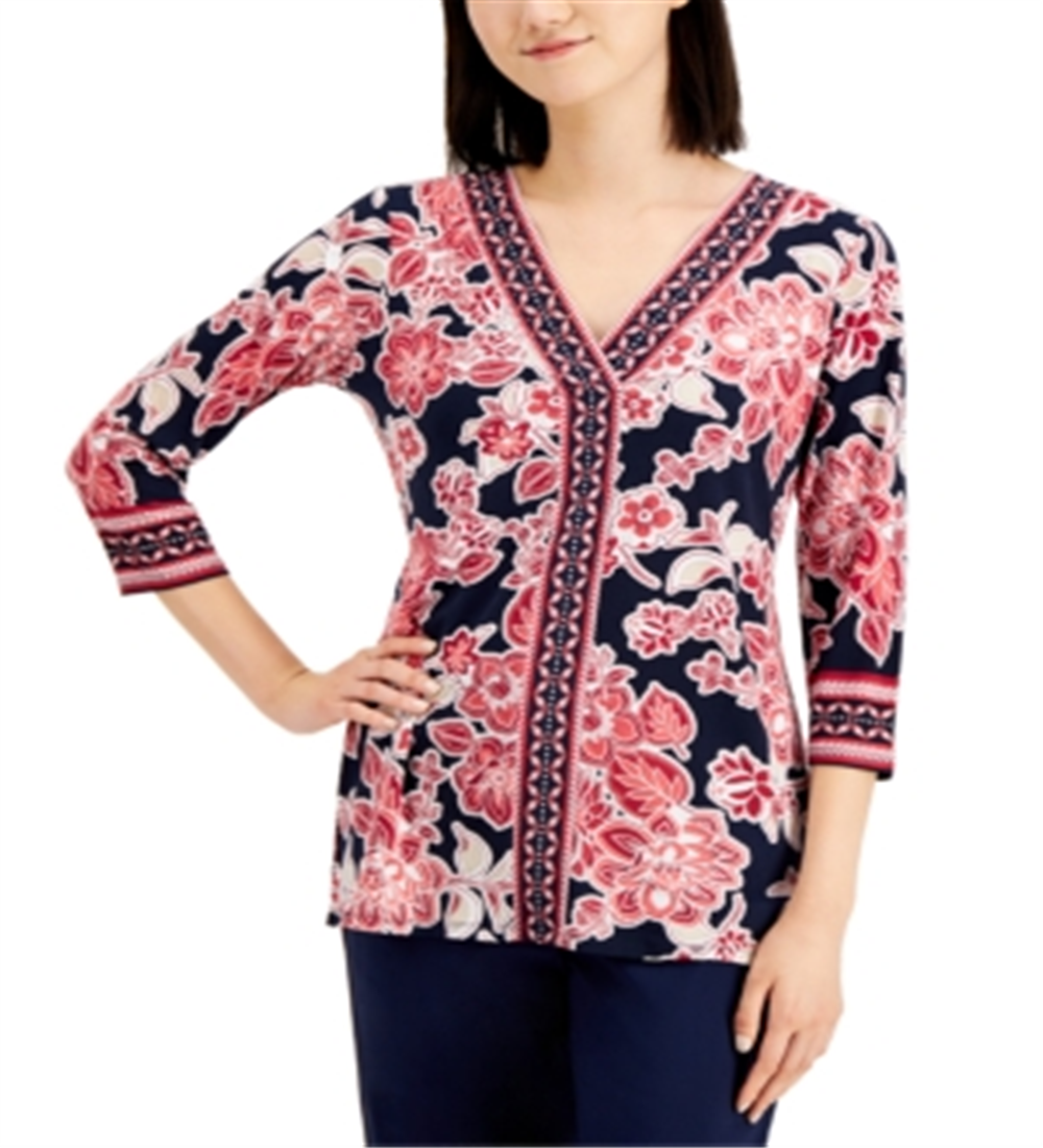 JM Collection Oasis Embellished Mixed Print Top Feminino Vermelho Tamanho Pequeno