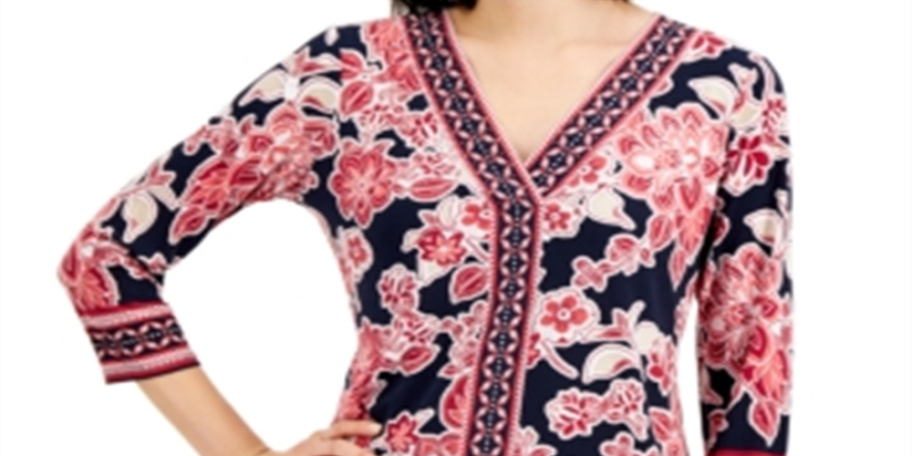 JM Collection Oasis Embellished Mixed Print Top Feminino Vermelho Tamanho Pequeno