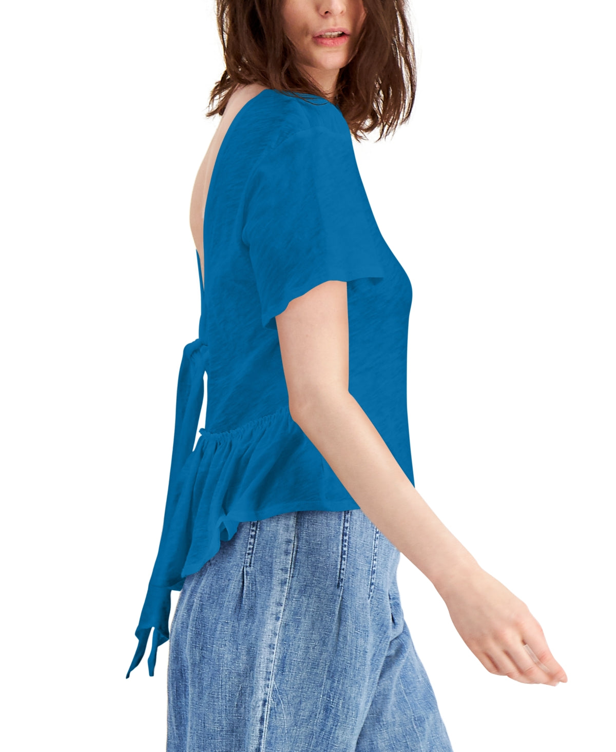 INC International Concepts Top feminino com babados nas costas em V e gravata, manga curta, gola redonda, peplum, azul, tamanho grande