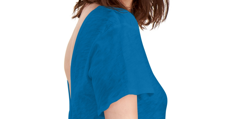 INC International Concepts Top feminino com babados nas costas em V e gravata, manga curta, gola redonda, peplum, azul, tamanho grande