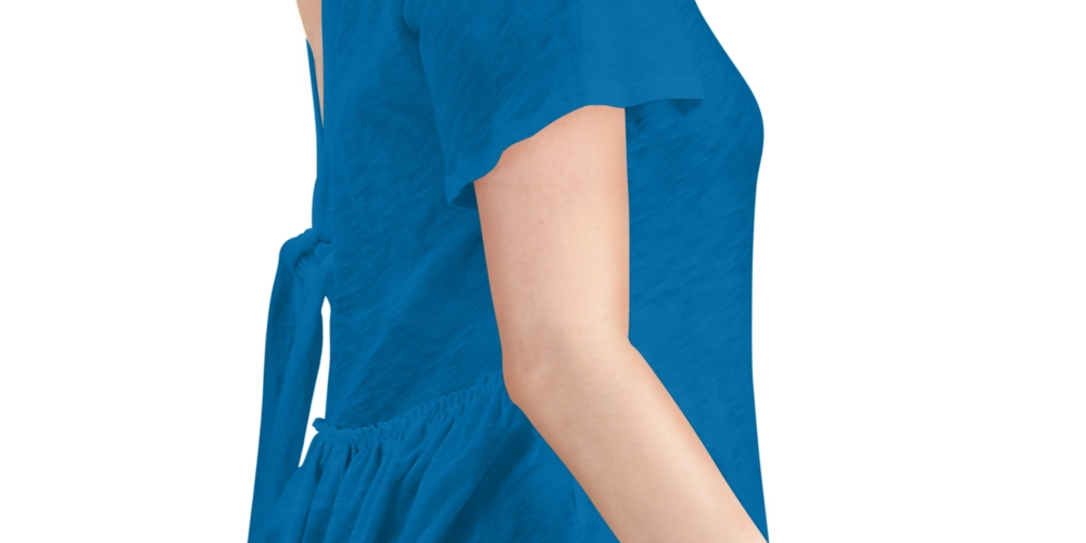 INC International Concepts Top feminino com babados nas costas em V e gravata, manga curta, gola redonda, peplum, azul, tamanho grande