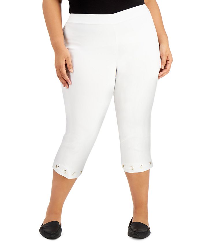 Calça capri feminina com bainha grommet e controle de barriga JM Collection, branca, tamanho 1X