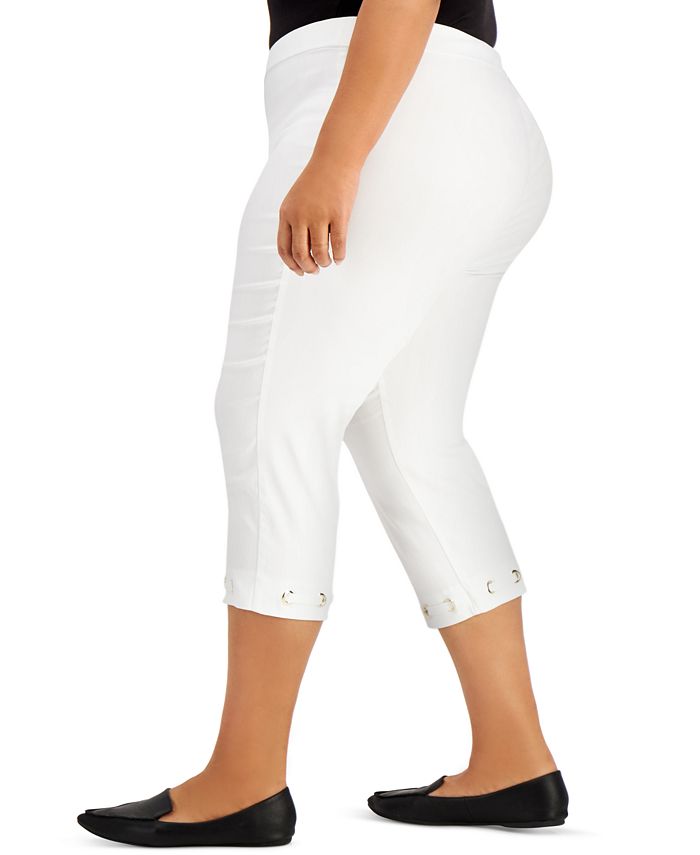 Calça capri feminina com bainha grommet e controle de barriga JM Collection, branca, tamanho 1X