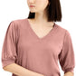JM Collection Top Feminino com Manga Bufante e Gola V Rosa Tamanho Grande
