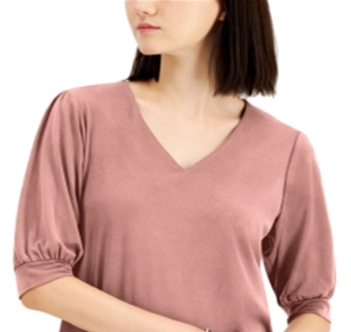 JM Collection Top Feminino com Manga Bufante e Gola V Rosa Tamanho Grande