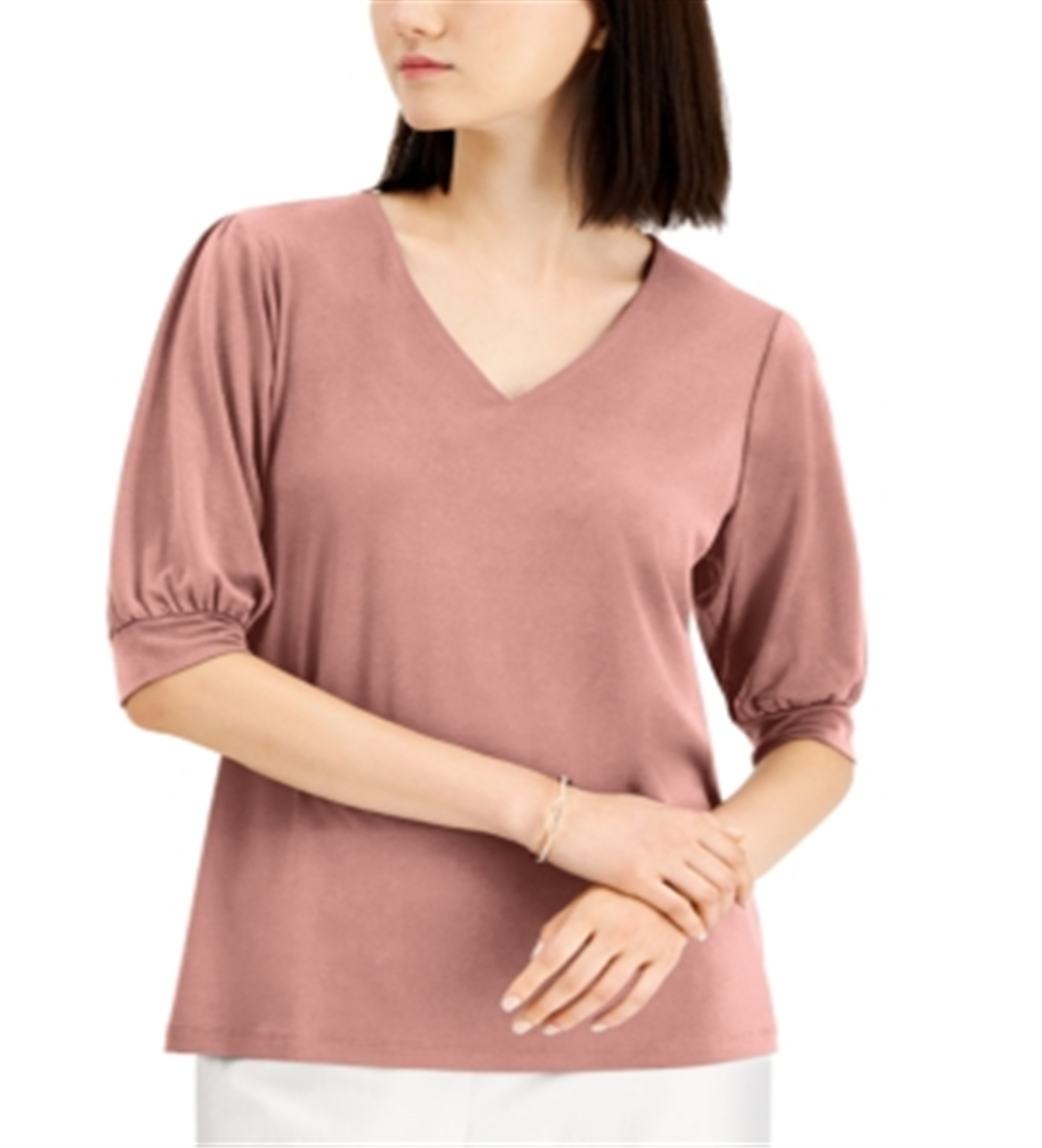 JM Collection Top Feminino com Manga Bufante e Gola V Rosa Tamanho Grande