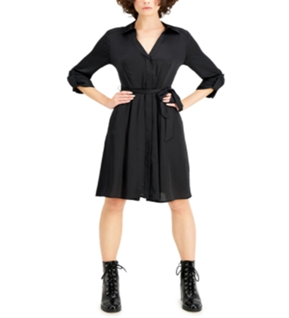 Vestido-camisa feminino com manga 3/4 e cinto, preto, tamanho 8, da INC International Concepts