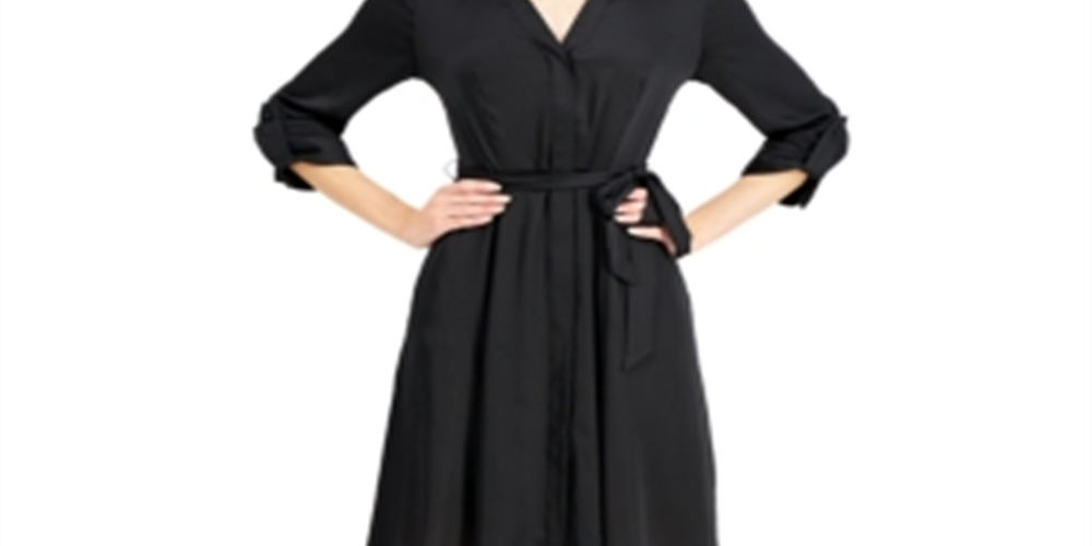 Vestido-camisa feminino com manga 3/4 e cinto, preto, tamanho 8, da INC International Concepts